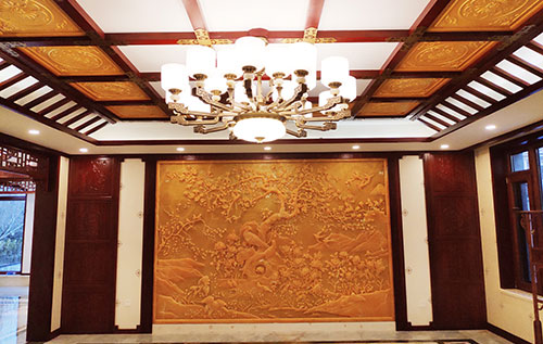 谢家集中式别墅客厅中式木作横梁吊顶装饰展示